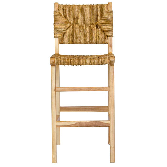 Indus with back barstool with solid teak wood frame and hand-woven natural pandan seat and back, featuring a clean, minimalist design suitable for coastal and contemporary interiors. Measures 410 Wide X 540 Depth X 670 Seat Height X 1000 Back Height. Front Plain.