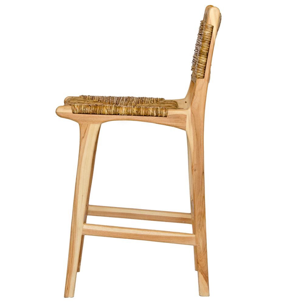 Indus with back barstool with solid teak wood frame and hand-woven natural pandan seat and back, featuring a clean, minimalist design suitable for coastal and contemporary interiors. Measures 410 Wide X 540 Depth X 670 Seat Height X 1000 Back Height. Side Plain.