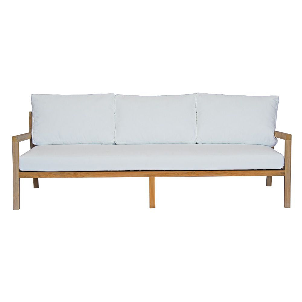 The Iris Lounge is an indoor/outdoor lounge. Featuring a solid teak frame and UV resistant cushioned seat and back. Colours, natural and white cushions. Measures  2000 Wide x 850 depth x 650 back height and 400 seat height. Front Plain.