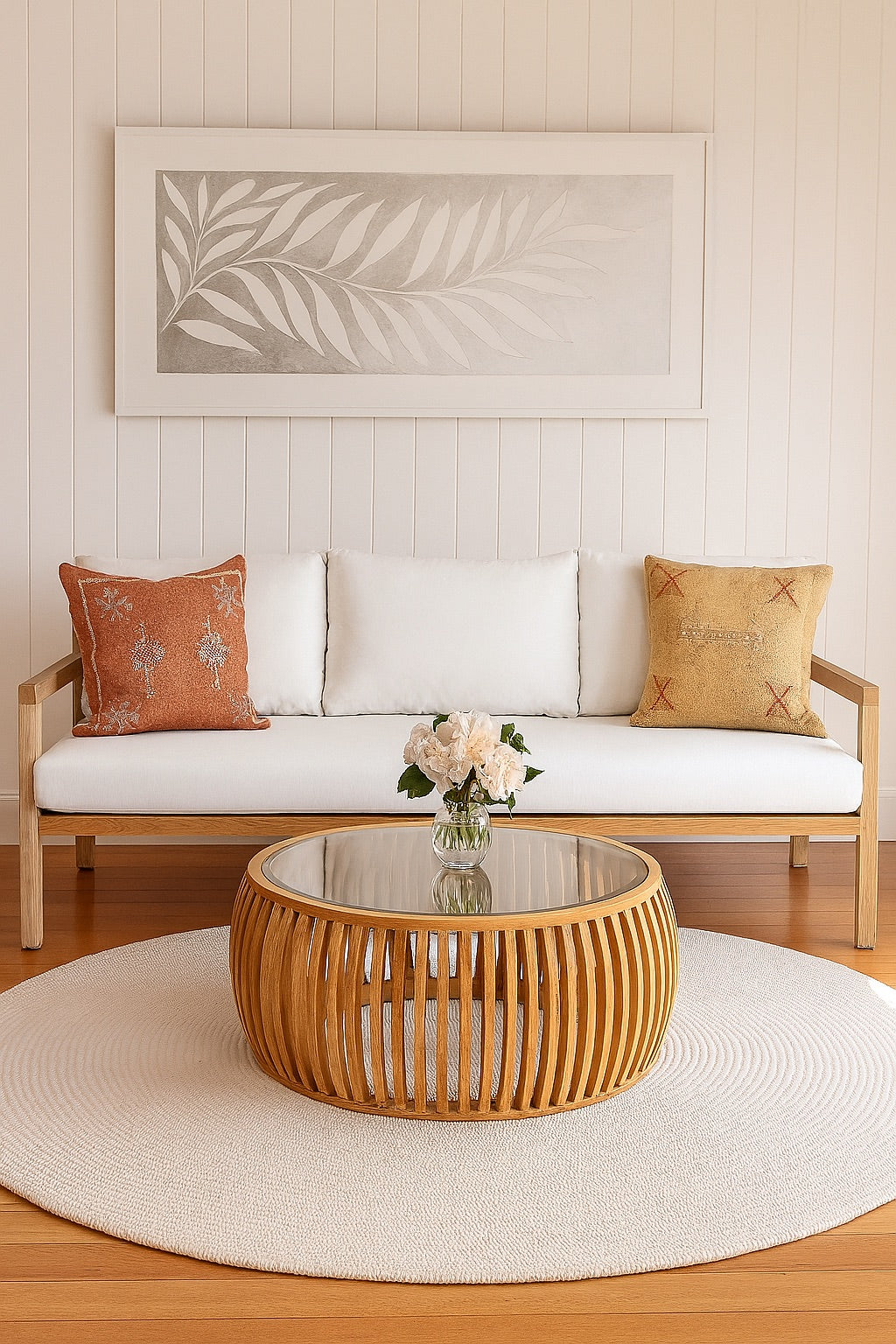 The Iris Lounge is an indoor/outdoor lounge. Featuring a solid teak frame and UV resistant cushioned seat and back. Colours, natural and white cushions. Measures  2000 Wide x 850 depth x 650 back height and 400 seat height. Front Plain.