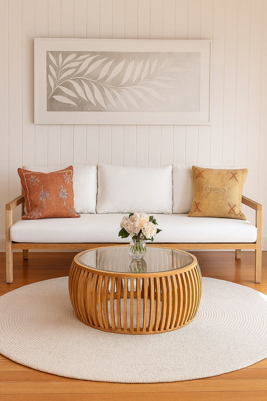 The Iris Lounge is an indoor/outdoor lounge. Featuring a solid teak frame and UV resistant cushioned seat and back. Colours, natural and white cushions. Measures  2000 Wide x 850 depth x 650 back height and 400 seat height. Front Plain.