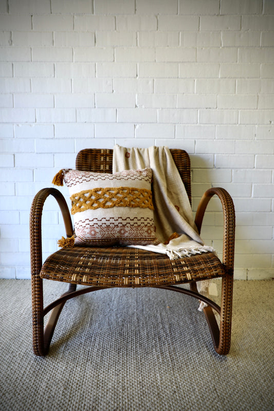 The Ivy Occasional Chair. With its coastal contemporary design, this occasional chair features a durable aluminium frame and synthetic rope weave. Colours, dark natural with a small blend of cream. Measures 720 wide X 800 height X 750 depth. Seat height 350. Arm height 640. Front Styled.