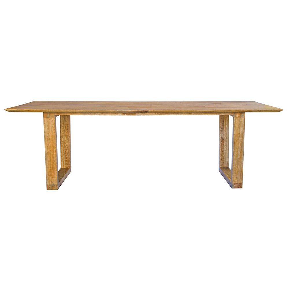 The Joplin Dining Table features a rectangular top with tapered edges and U-legs. Crafted from sustainable solid fruitwood. Colour natural. Measures 2400 length X 1000 wide X 750 height. Front Plain.