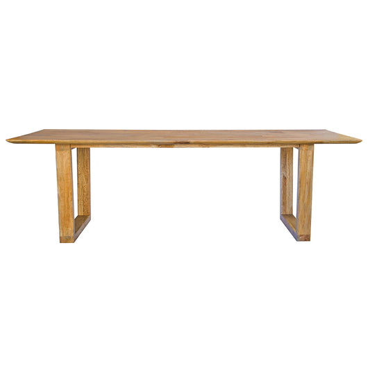 The Joplin Dining Table features a rectangular top with tapered edges and U-legs. Crafted from sustainable solid fruitwood. Colour natural. Measures 2400 length X 1000 wide X 750 height. Front Plain.