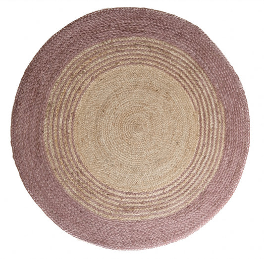 The Juno Echo Pink Round Rug. Hand Woven Braided Jute Rug. Colours natural base with pink. 2 sizes, 120 centimetres and 200 centimetres round. Top.