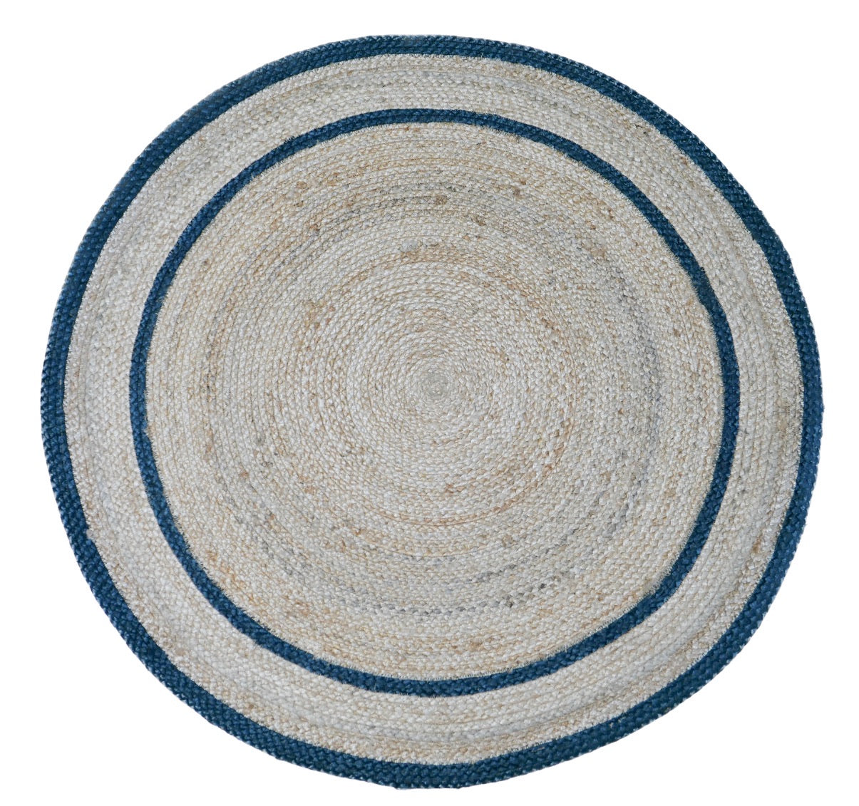The Juno Halo Blue Round Rug. Hand Woven Braided Jute Rug. Colours natural base with blue. 2 sizes, 120 centimetres and 200 centimetres round. Top.