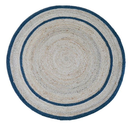The Juno Halo Blue Round Rug. Hand Woven Braided Jute Rug. Colours natural base with blue. 2 sizes, 120 centimetres and 200 centimetres round. Top.