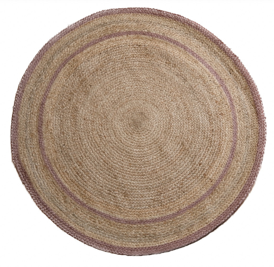 The Juno Halo Pink Round Rug. Hand Woven Braided Jute Rug. Colours natural base with pink. 2 sizes, 120 centimetres and 200 centimetres round. Top.