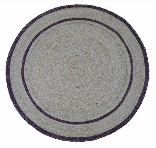 The Juno Halo Purple Round Rug. Hand Woven Braided Jute Rug. Colours natural base with purple. 2 sizes, 120 centimetres and 200 centimetres round. Top.