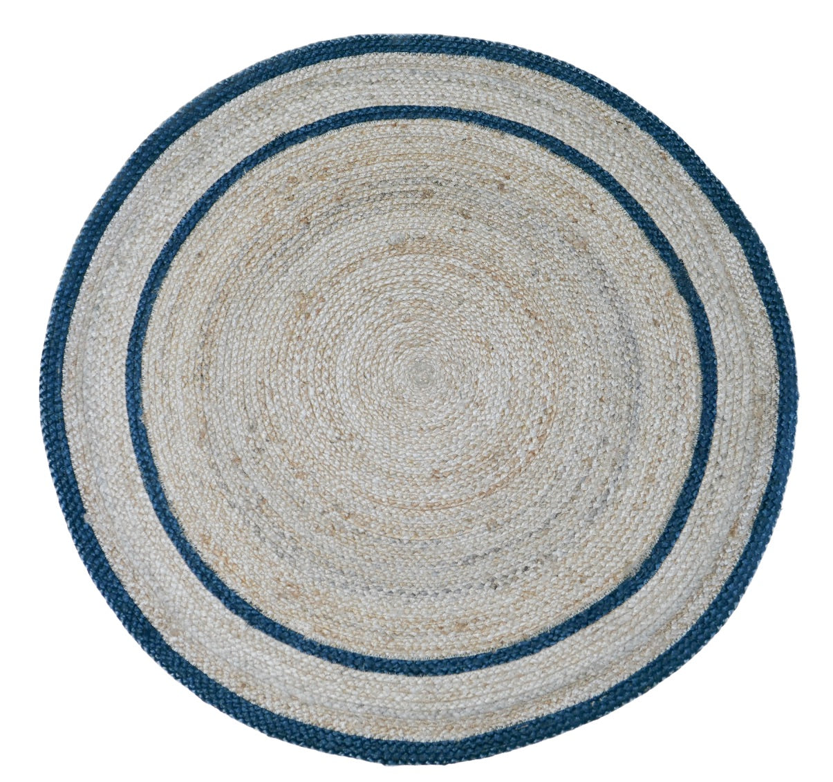 The Juno Round 123 Blue Rug. Hand Woven Braided Jute Rug. Colours natural base with blue. 2 sizes, 120 centimetres and 200 centimetres round. Top.