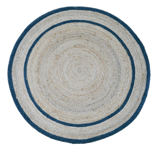 The Juno Round 123 Blue Rug. Hand Woven Braided Jute Rug. Colours natural base with blue. 2 sizes, 120 centimetres and 200 centimetres round. Top.