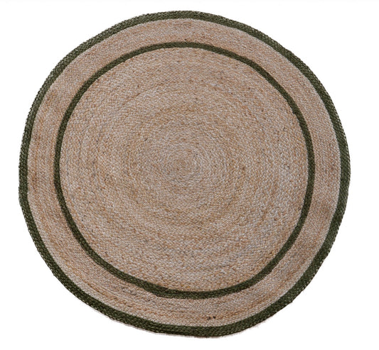 The Juno Round 123 Green Rug. Hand Woven Braided Jute Rug. Colours natural base with green. 2 sizes, 120 centimetres and 200 centimetres round. Top.