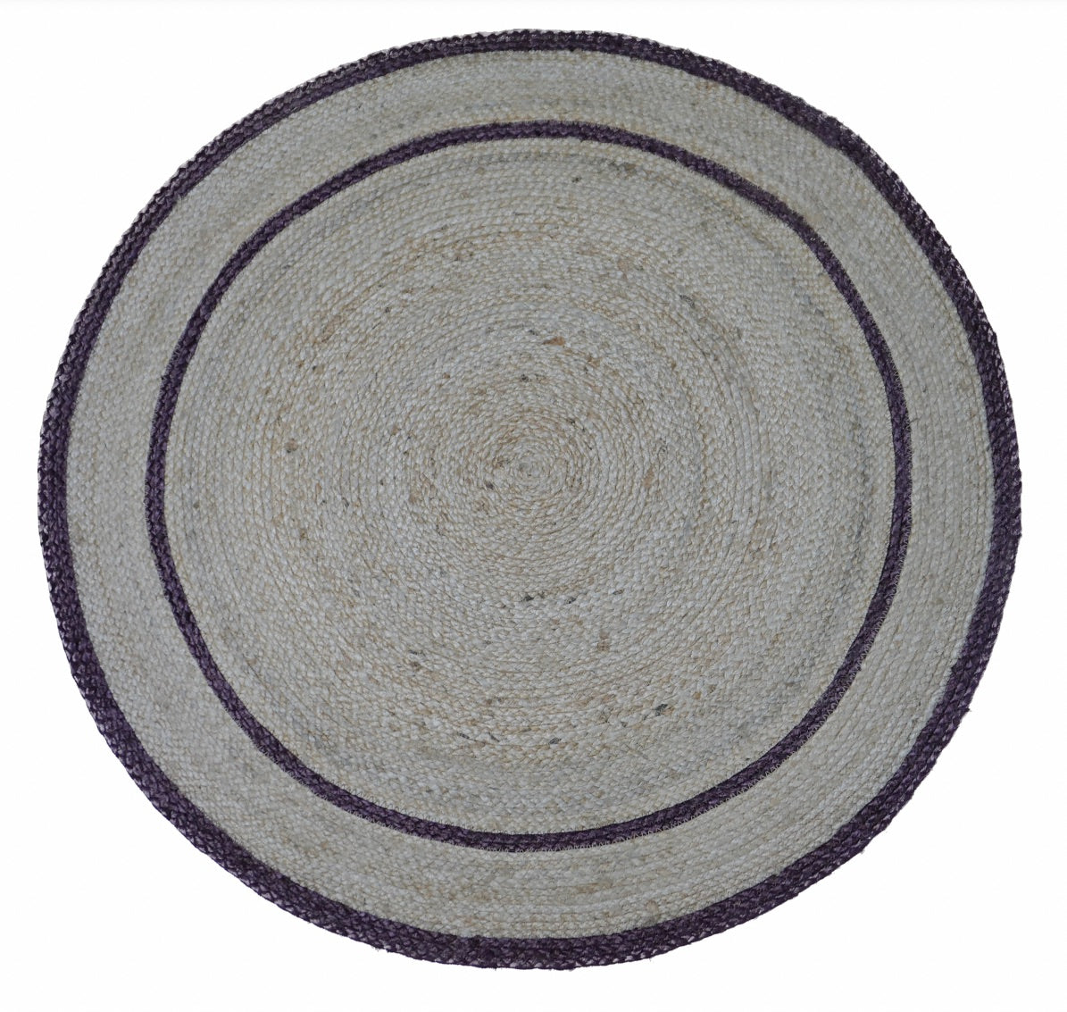 The Juno Round 123 Purple Rug. Hand Woven Braided Jute Rug. Colours natural base with purple. 2 sizes, 120 centimetres and 200 centimetres round. Top.