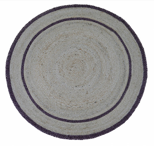 The Juno Round 123 Purple Rug. Hand Woven Braided Jute Rug. Colours natural base with purple. 2 sizes, 120 centimetres and 200 centimetres round. Top.