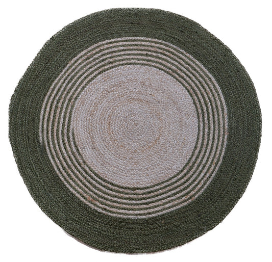 The Juno Round 456 Green Rug. Hand Woven Braided Jute Rug. Colours natural grey base with green. 2 sizes, 120 centimetres and 200 centimetres round. Top.