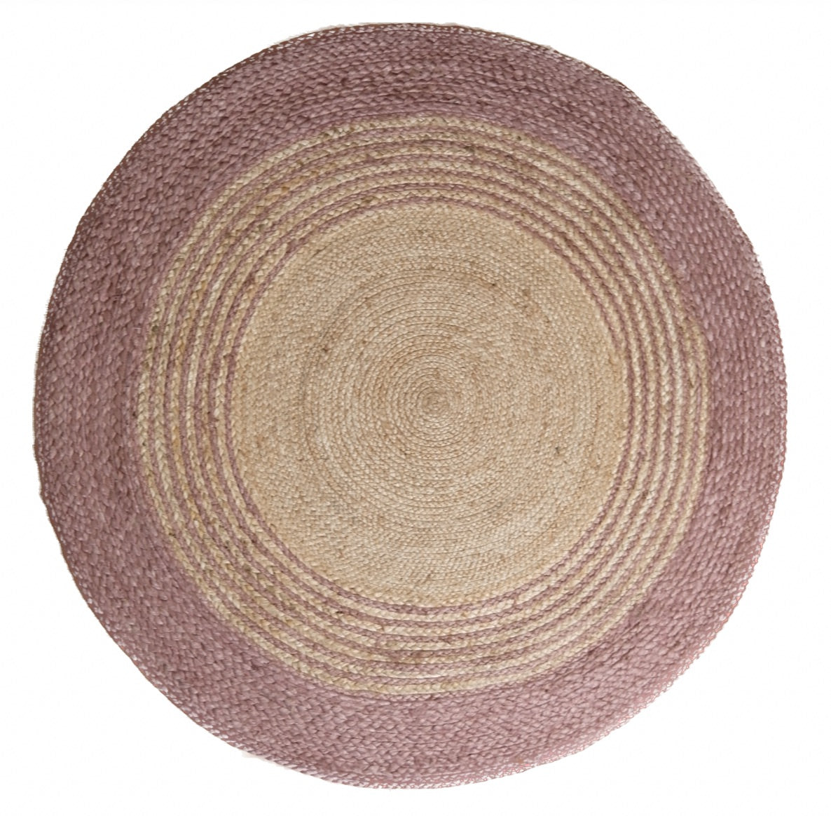 The Juno Round 456 Pink Rug. Hand Woven Braided Jute Rug. Colours natural base with pink. 2 sizes, 120 centimetres and 200 centimetres round. Top.