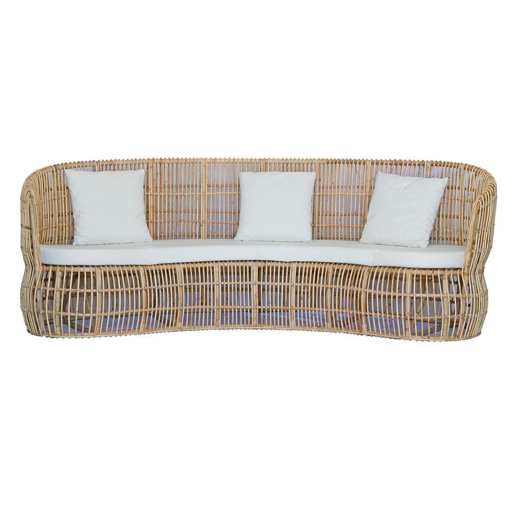 The Kalahari Lounge is an indoor/outdoor lounge. Featuring a rattan frame and UV resistant cushioned seat and back. Colours, natural and white cushions. Measures 2400 length x 900 depth x 900 height with 460 seat height. Front Plain