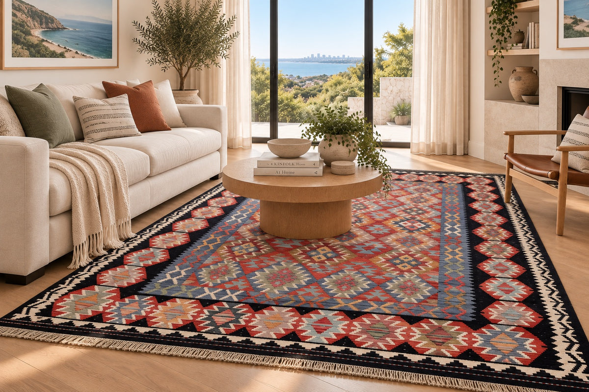 The Afghan Hand Woven Khyber Kilim - 202 X 290.  Crafted using traditional vegetable dyed wool, and featuring traditional geometric designs. Colours, blacks, blues, creams, reds, oranges and yellows. Size 202 X 290. Life.