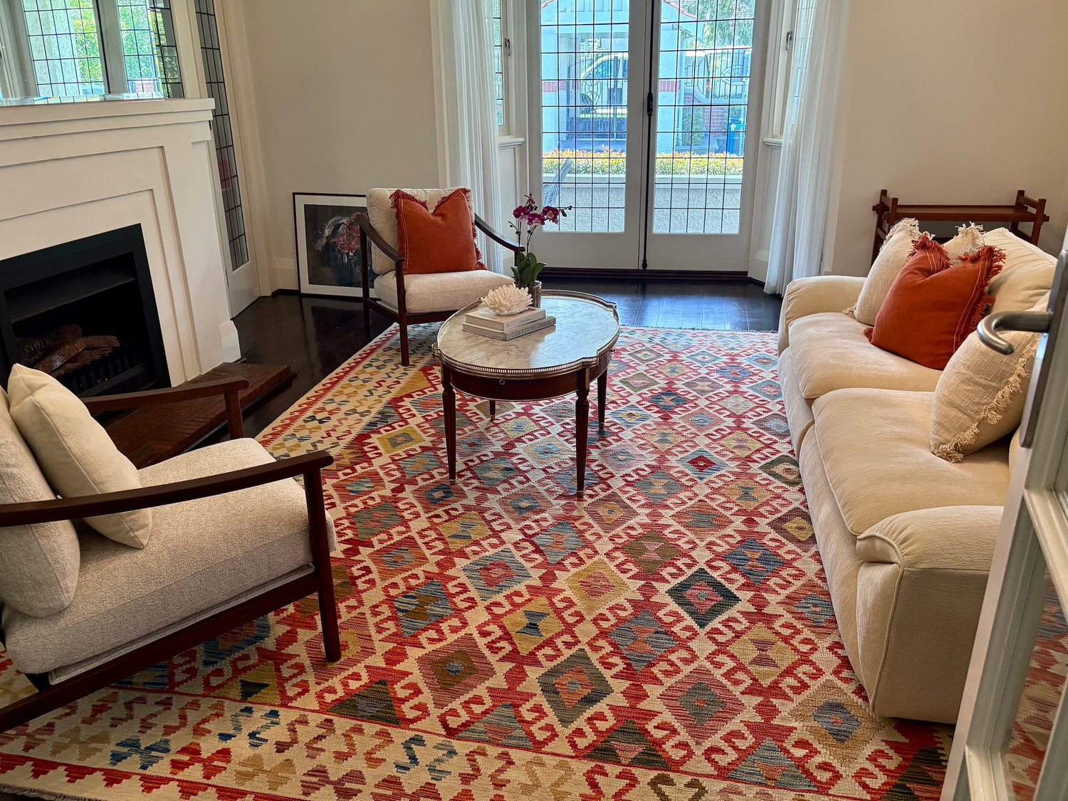 A hand woven Khyber Kilim rug styled in a Federation Style home in Perth.
