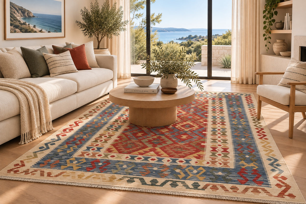 The Afghan Hand Woven Khyber Kilim - 180 X 248. Crafted using traditional vegetable dyed wool, and featuring traditional geometric designs. Colours, cream, blues, greens, reds, oranges. Size 180 X 248. Life.