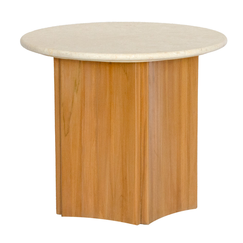 The Kyoto Marble Top Side Table with a smooth round marble top and 5 sided teak wood base. Measures 600 diameter x 500 height. Front Plain.
