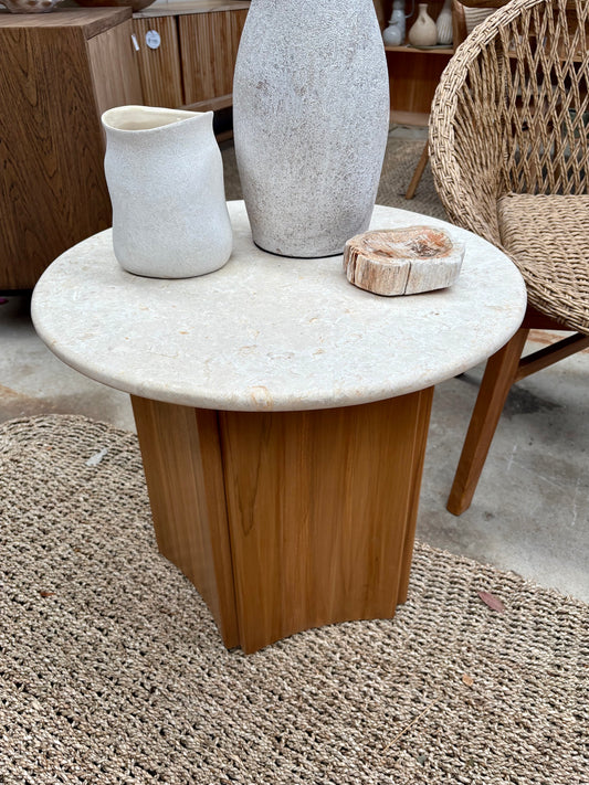 The Kyoto Marble Top Side Table with a smooth round marble top and 5 sided teak wood base. Measures 600 diameter x 500 height. Styled.