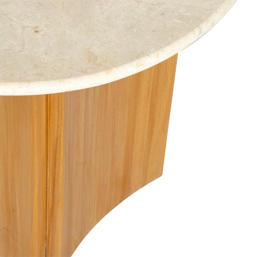 The Kyoto Marble Top Side Table with a smooth round marble top and 5 sided teak wood base. Measures 600 diameter x 500 height. Top Corner.