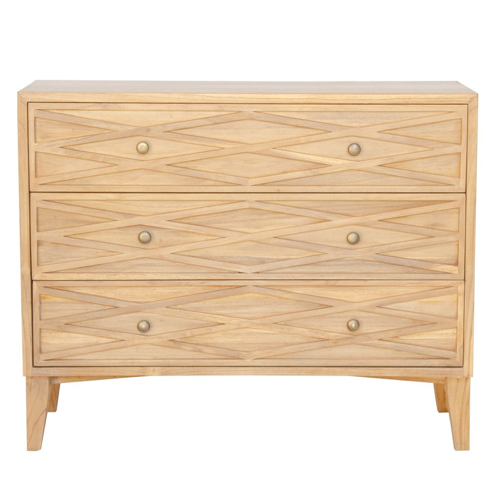 The Lassen 3 Drawer chest is crafted from  solid teak. Its contemporary design gives off a timeless aesthetic. Featuring 3 drawers. Colour natural. Measures 1000 Width X 810 Height X 400 Depth. Front Plain.