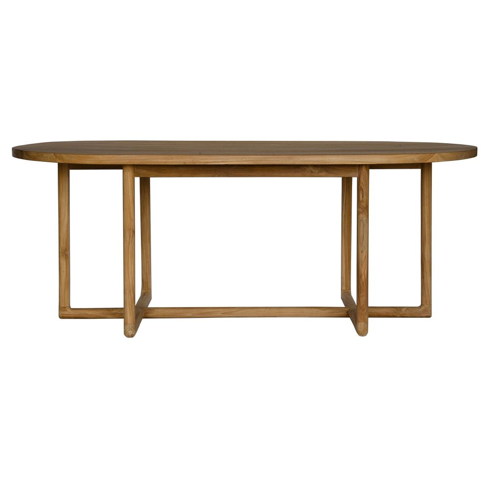 The Lennox Dining Table. This modern dining table features an oval top with sleek tubular legs.  Colour Natural Teak. Measures 2000 Length x 1000 Wide x 770 Height. Front Plain.