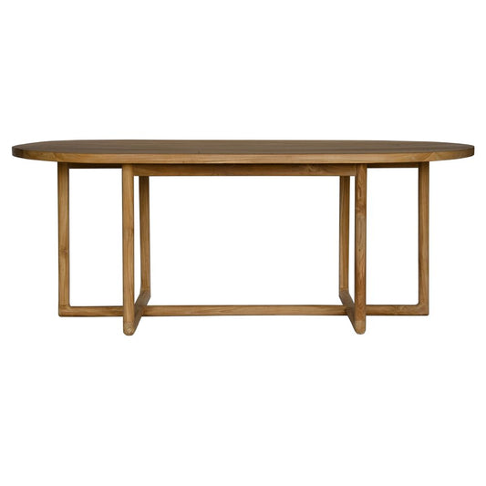The Lennox Dining Table. This modern dining table features an oval top with sleek tubular legs.  Colour Natural Teak. Measures 2000 Length x 1000 Wide x 770 Height. Front Plain.