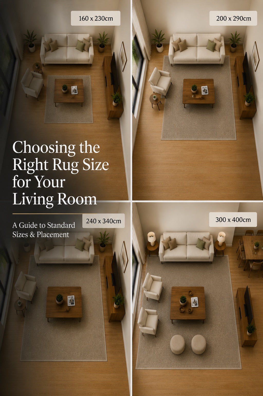 A 4 split image showing 4 different living room rug size and placement configurations.