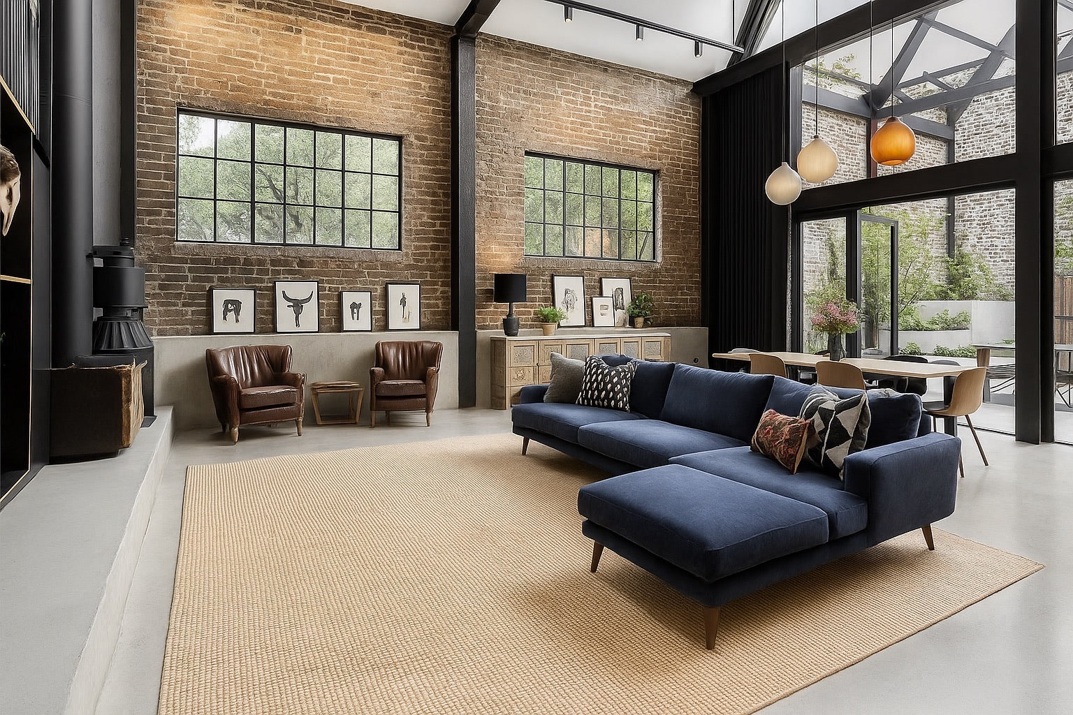 A textured hand woven wool rug styled in a modern rustic open planned living room setting.