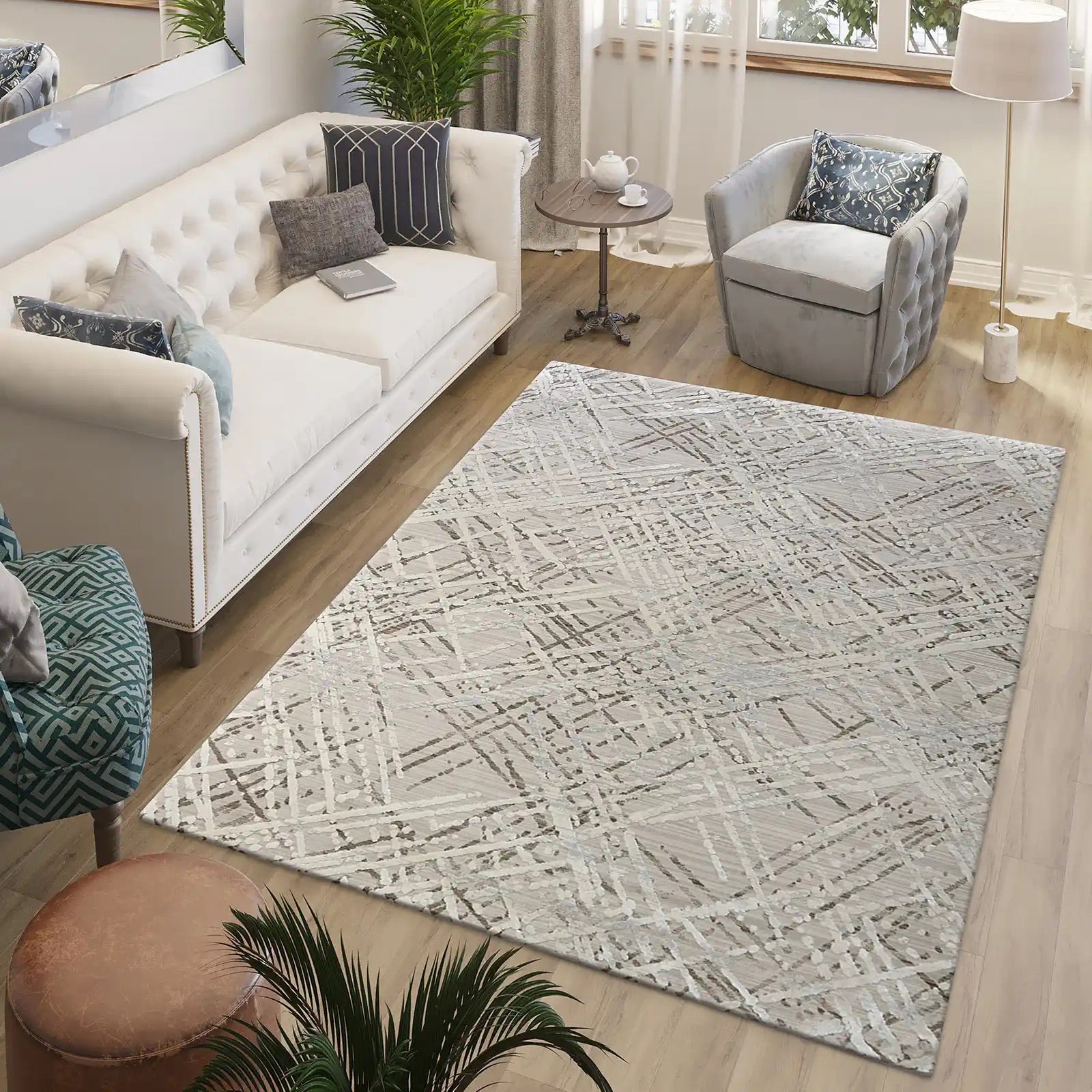 A modern machine made rug styled in a modern Australian home living room setting.