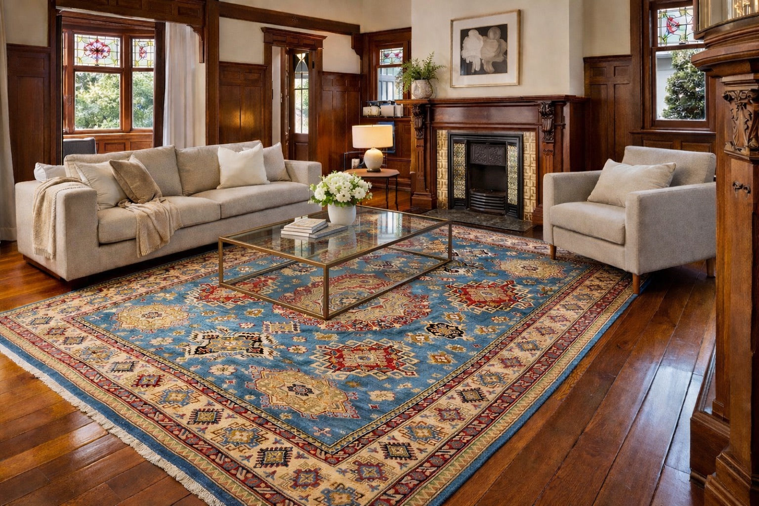 A Traditional Hand-Knotted Kazak Rug Styled in a heritage Perth home living room setting.