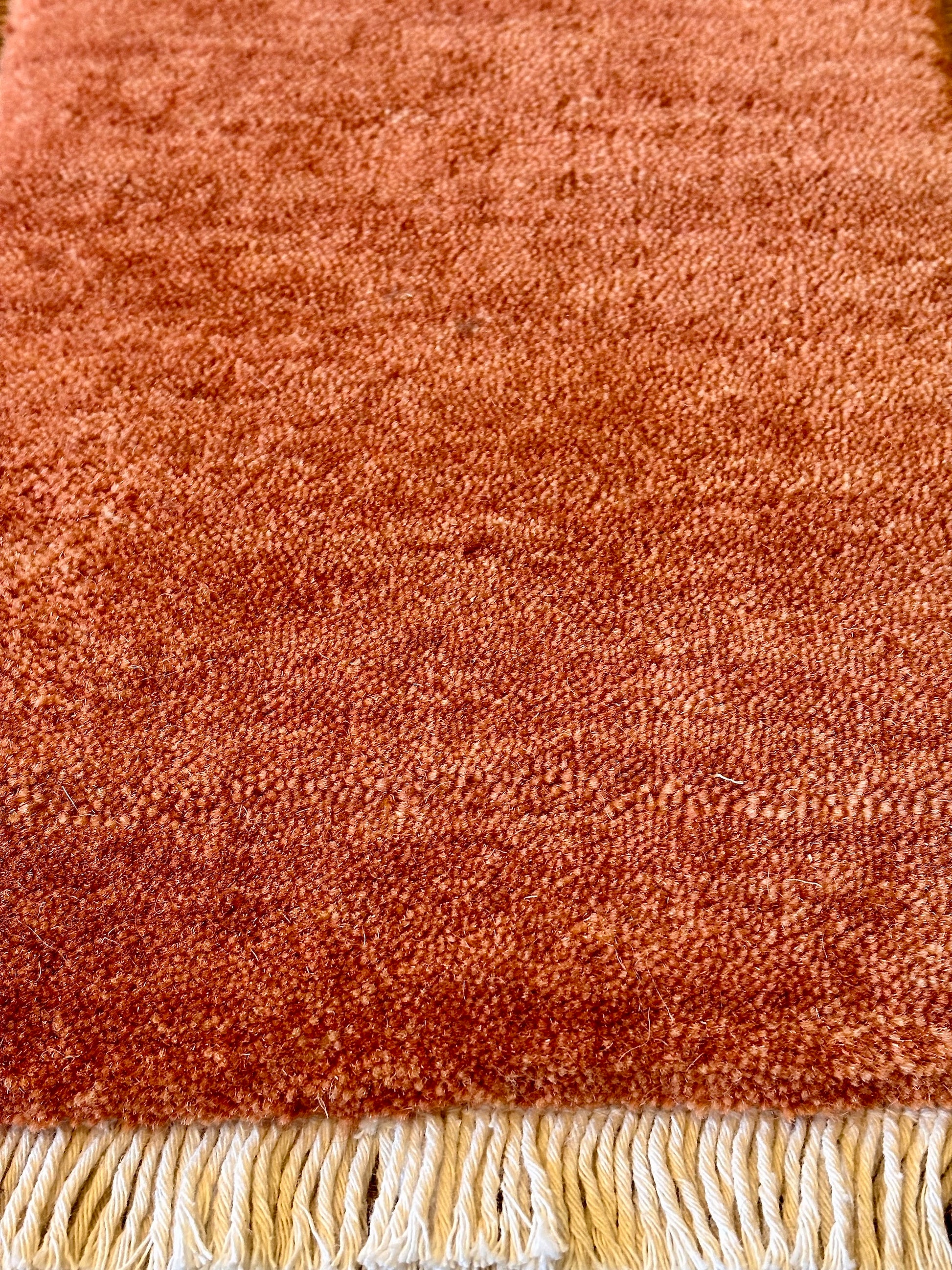Lori Brick is a luxurious hand loomed floor rug made of 100% wool. The wool material creates a soft texture and a smooth pile height of 16-18mm. Colour orangish/redish terracotta with cream tassels. Sizes 160 X 230, 200 X 290, 240 X 340 and 300 X 400. Close edge.