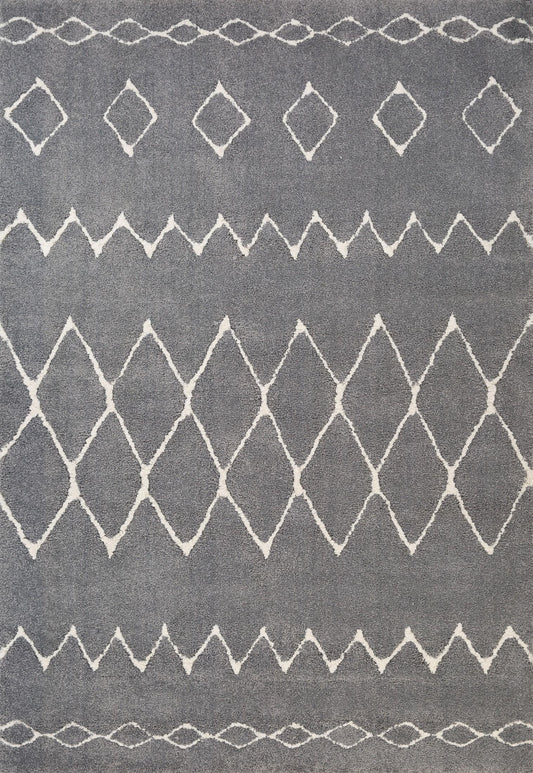 Luana Grey Ivory 1215 is a machine made polypropylene rug.  It features a shaggy pile with a moroccan boho inspired design. Colours Grey with Ivory White patterns. Sizes 160 X 230, 200 X 290, 240 X 320 and 300 X 390. Full.