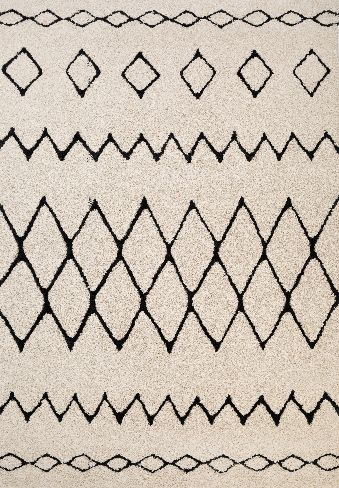 Luana Ivory Charcoal 1215 is a machine made polypropylene rug.  It features a shaggy pile with a moroccan boho inspired design. Colours Ivory with moroccan inspired Charcoal patterns. Sizes 160 X 230, 200 X 290, 240 X 320 and 300 X 390. Full.