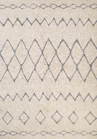 Luana Ivory Grey 1215 is a machine made polypropylene rug.  It features a shaggy pile with a moroccan boho inspired design. Colours Ivory with grey diamond patterns. Sizes 160 X 230, 200 X 290, 240 X 320 and 300 X 390. Full.