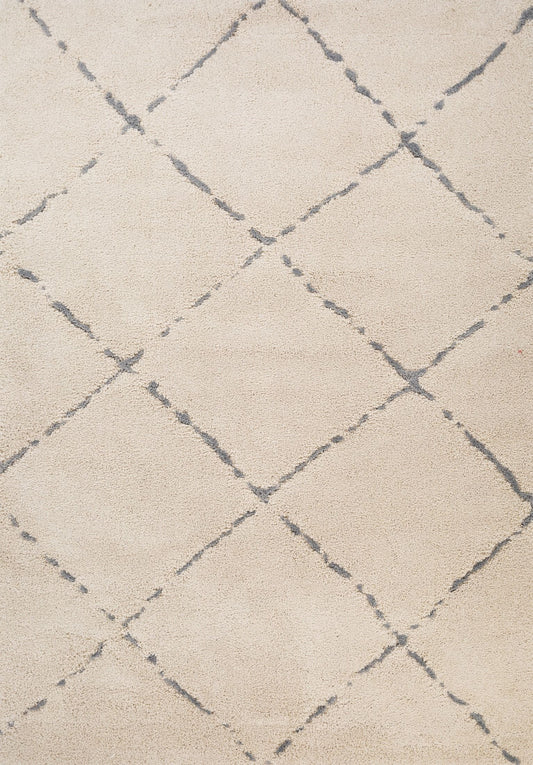 Luana Ivory Grey 4155 is a machine made polypropylene rug.  It features a shaggy pile with a moroccan boho inspired design. Colours Ivory with grey diamond pattern. Sizes 160 X 230, 200 X 290, 240 X 320 and 300 X 390. Full.