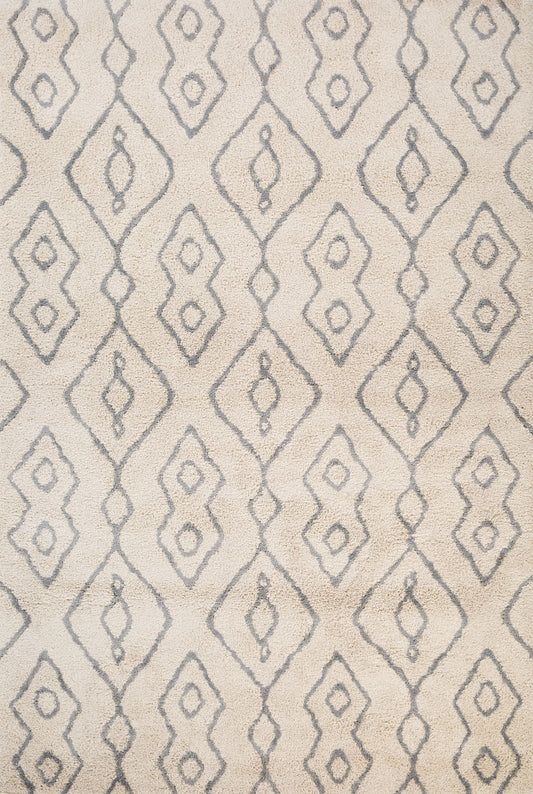 Luana Ivory Grey 8020 is a machine made polypropylene rug.  It features a shaggy pile with a moroccan boho inspired design. Colours Ivory with grey moroccan inspired diamond patterns. Sizes 160 X 230, 200 X 290, 240 X 320 and 300 X 390. Full.