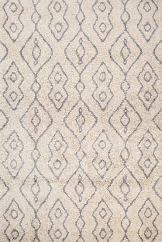 Luana Column Ivory Grey is a machine made polypropylene rug.  It features a shaggy pile with a moroccan boho inspired design. Colours Ivory with grey moroccan inspired diamond patterns. Sizes 160 X 230, 200 X 290, 240 X 320 and 300 X 390. Top.