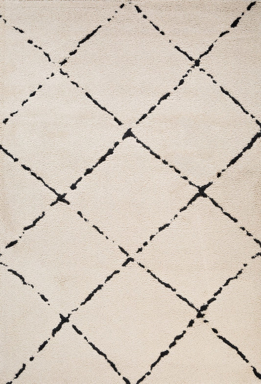 Luana Diamond Ivory Charcoal is a machine made polypropylene rug.  It features a shaggy pile with a moroccan boho inspired design. Colours Ivory with a charcoal diamond pattern. Sizes 160 X 230, 200 X 290, 240 X 320 and 300 X 390. Top.
