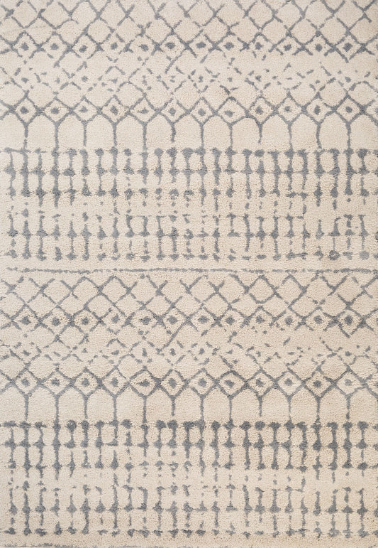 Luana Lattice Ivory Grey is a machine made polypropylene rug.  It features a shaggy pile with a moroccan boho inspired design. Colours Ivory with grey moroccan inspired patterns. Sizes 160 X 230, 200 X 290, 240 X 320 and 300 X 390. Top.