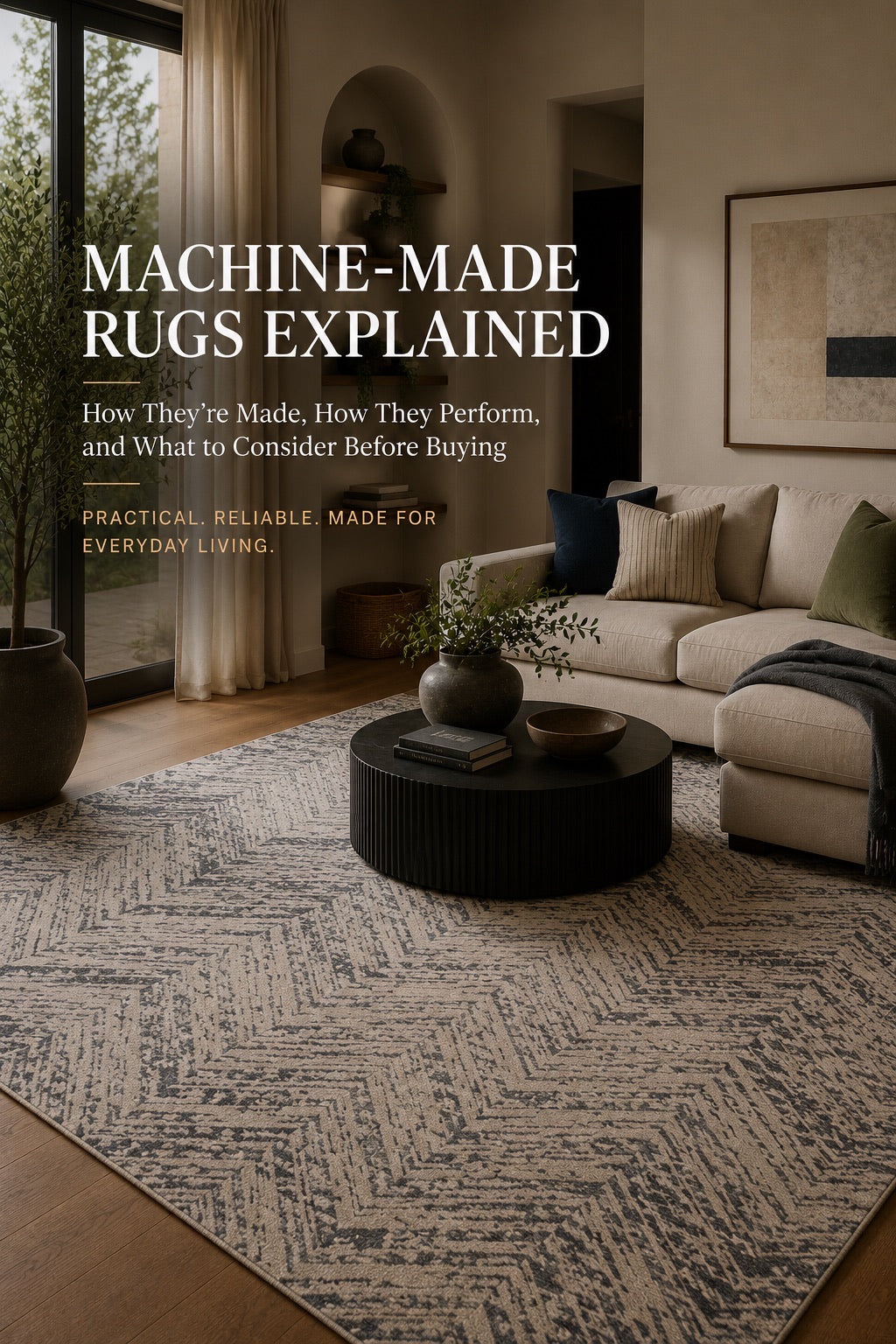 A modern Machine-Made Rug styled in a Perth home living rooms setting.