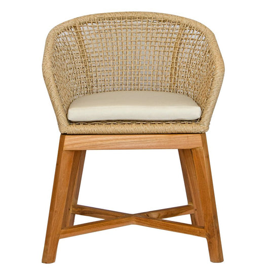 The Mahoe Dining Chair. Teak legs, durable rope sides, and UV-resistant cushions add a touch of coastal luxury. Front.