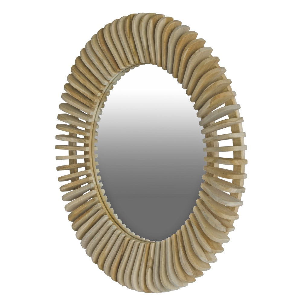 The Maldives 1200 DIA Round mirror is handcrafted from sustainably sourced teak. Its contemporary round shape with slatted wood finish adds a unique, textured look. Colour natural. Measures 1200 diameter. Angle.