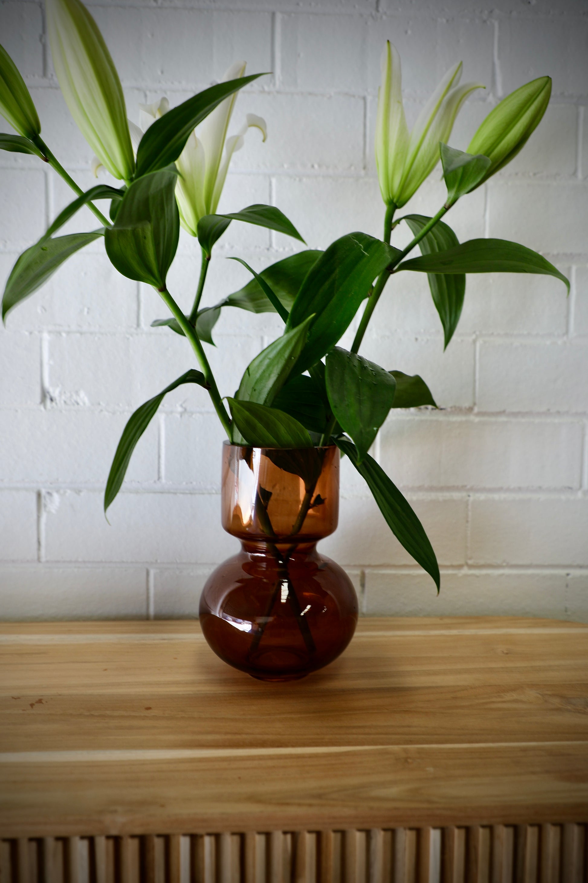 The Mallory Glass Vase,  a modern/contemporary designed piece. Features a bulbed bottom and a cylindrical top. Colour, Amber. Measures 14 Diameter X 20 Height. Styled.
