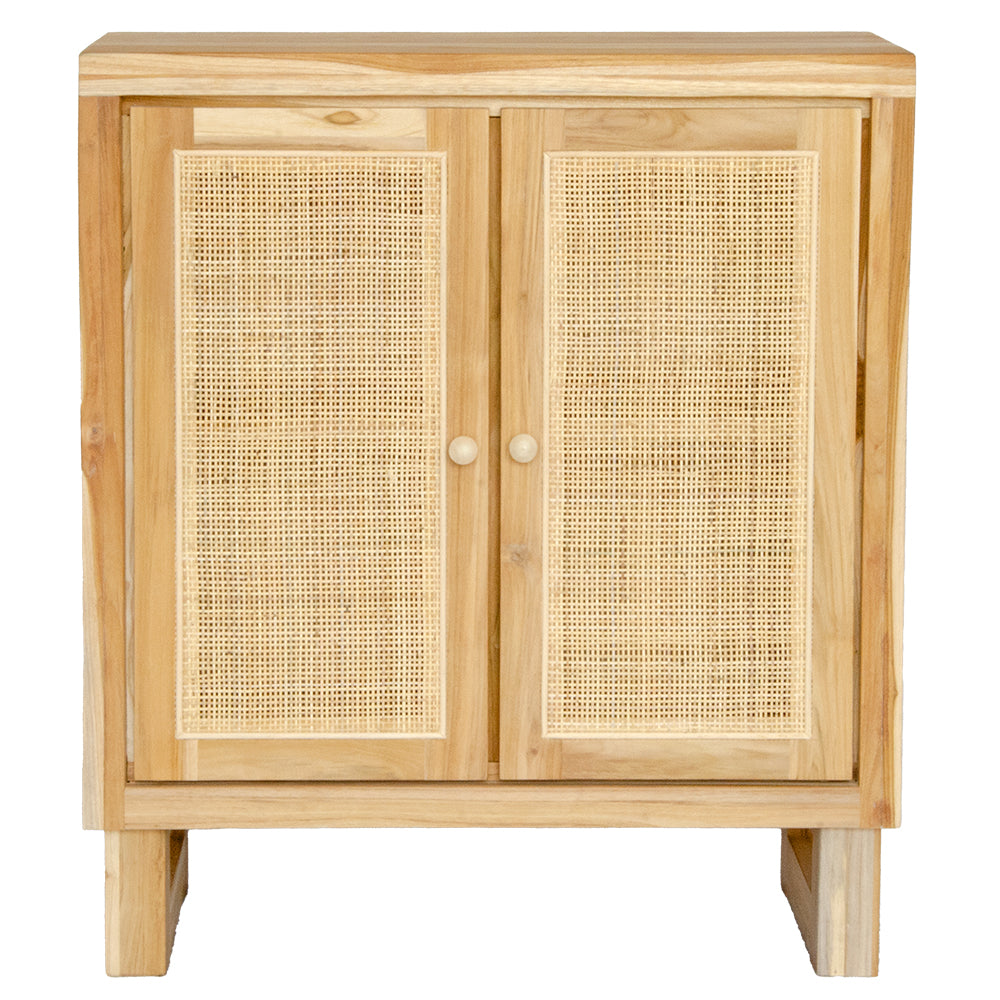 The Manzanita 2 Door Buffet is a contemporary and coastal two-door sideboard crafted from sustainable teak. The sideboard features open mesh rattan doors. Colour natural. Measures 800 wide X 400 depth X 900 height. Front Plain.