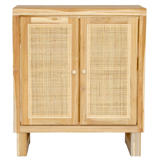 The Manzanita 2 Door Buffet is a contemporary and coastal two-door sideboard crafted from sustainable teak. The sideboard features open mesh rattan doors. Colour natural. Measures 800 wide X 400 depth X 900 height. Front Plain.