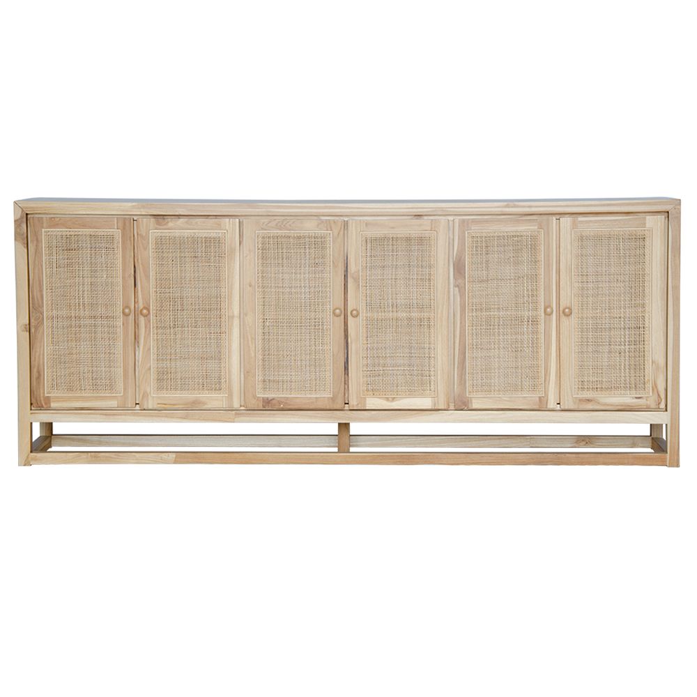 The Manzanita 6 Door Buffet is a contemporary and coastal four-door sideboard crafted from sustainable teak. The sideboard features open mesh rattan doors. Colour natural. Measures 2200 length X 400 depth X 900 height. Front Plain.